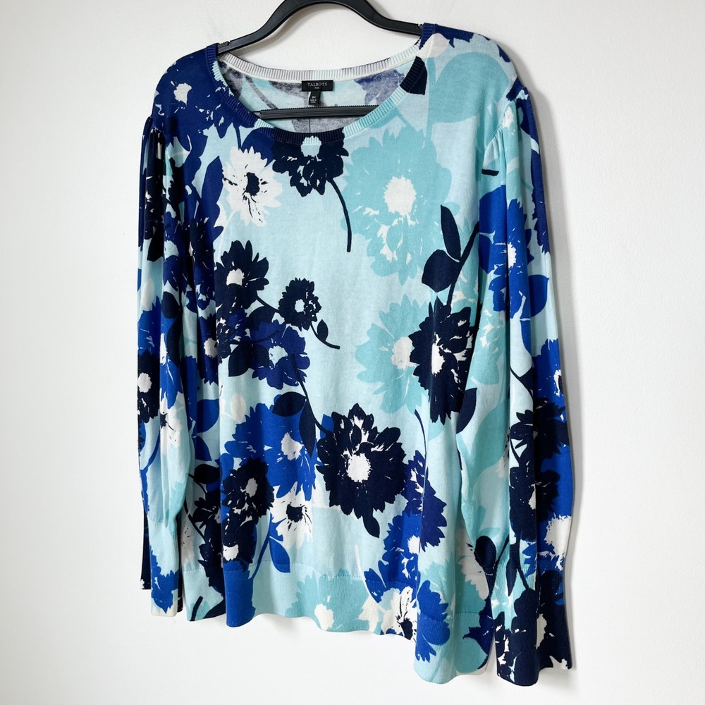 NEW Talbots Plus Puff Sleeve Lightweight Sweater Blue Abstract Floral Womens 3X - Picture 3 of 12